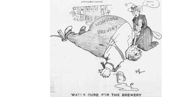 Ilustración humorística acerca de los esfuerzos de las campañas antialcohol de la Anti-Saloon League y la Women's Christian Temperance Union (1902)