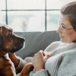 woman-cuddles-plays-with-her-dog-at-home-picture-id1215973858