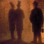 Detalle de Acuarela de Víctor Hartmann, Catacumbas de París (s.XIX), se muestra a Hartmann, Vasily Kenel y a un guía sosteniendo una linterna.