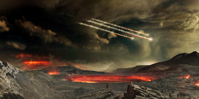 Imagen artística de la muy joven Tierra bombardeada por asteroides, cortesía del Laboratorio de Imagen Conceptual de la NASA