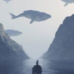 whales-flying-in-the-sky-at-mountains-surreal-image-of-anxiety-and-picture-id1312993183
