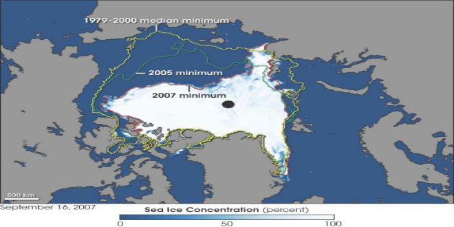 Efectos del calentamiento global en el Ártico. Mínimos de hielo en el mar por años.