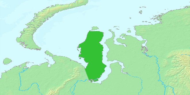 Territorio de la Península de Yamal en color verde oscuro.