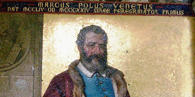 Retrato de Marco Polo sobre mosaico, en Villa Hanbury, Ventimiglia, Italia