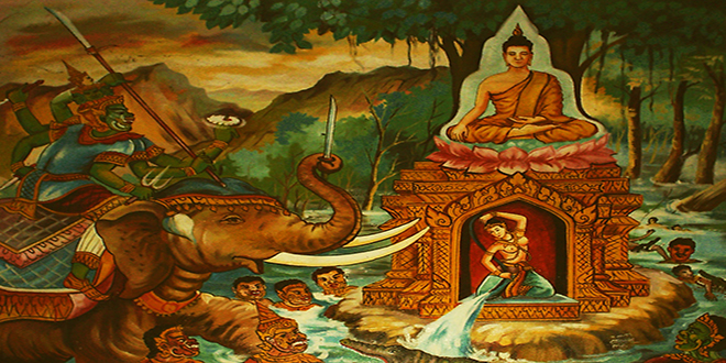 Pintura que representa al dios Mara tentando al Buda antes de su iluminación