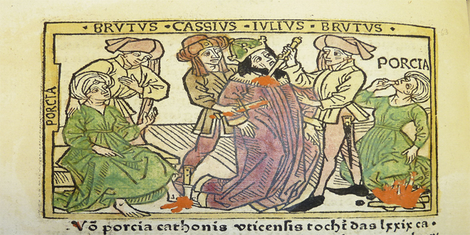 Ilustración grabada en madera coloreada a mano, en una traducción alemana incunable de Heinrich Steinhöwell del relato "De mulieribus claris" de Boccaccio, 1473.