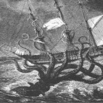 Grabado kraken atacando barco