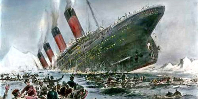 Ilustración del Titanic naufragando, causa del hundimiento del Titanic, incendio