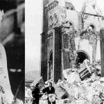 A la izquierda una mujer superviviente muestra el efecto de las quemaduras de la bomba sobre su piel. El estampado que llevaba ha quedado marcado en su piel. A la derecha, una iglesia de Nagasaki destruida por la bomba