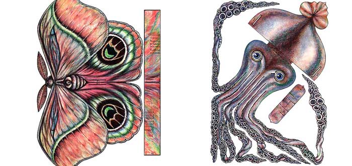 Cut-out figures Kokigami of a moth and an octopus