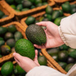 A woman chooses an avocado in a grocery store.